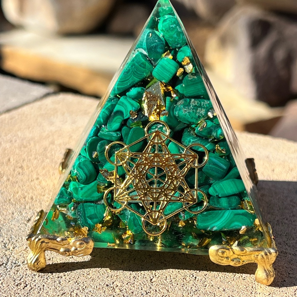 Green Malachite Orgonite pyramid with Metatrons Cube and Gold Accents
